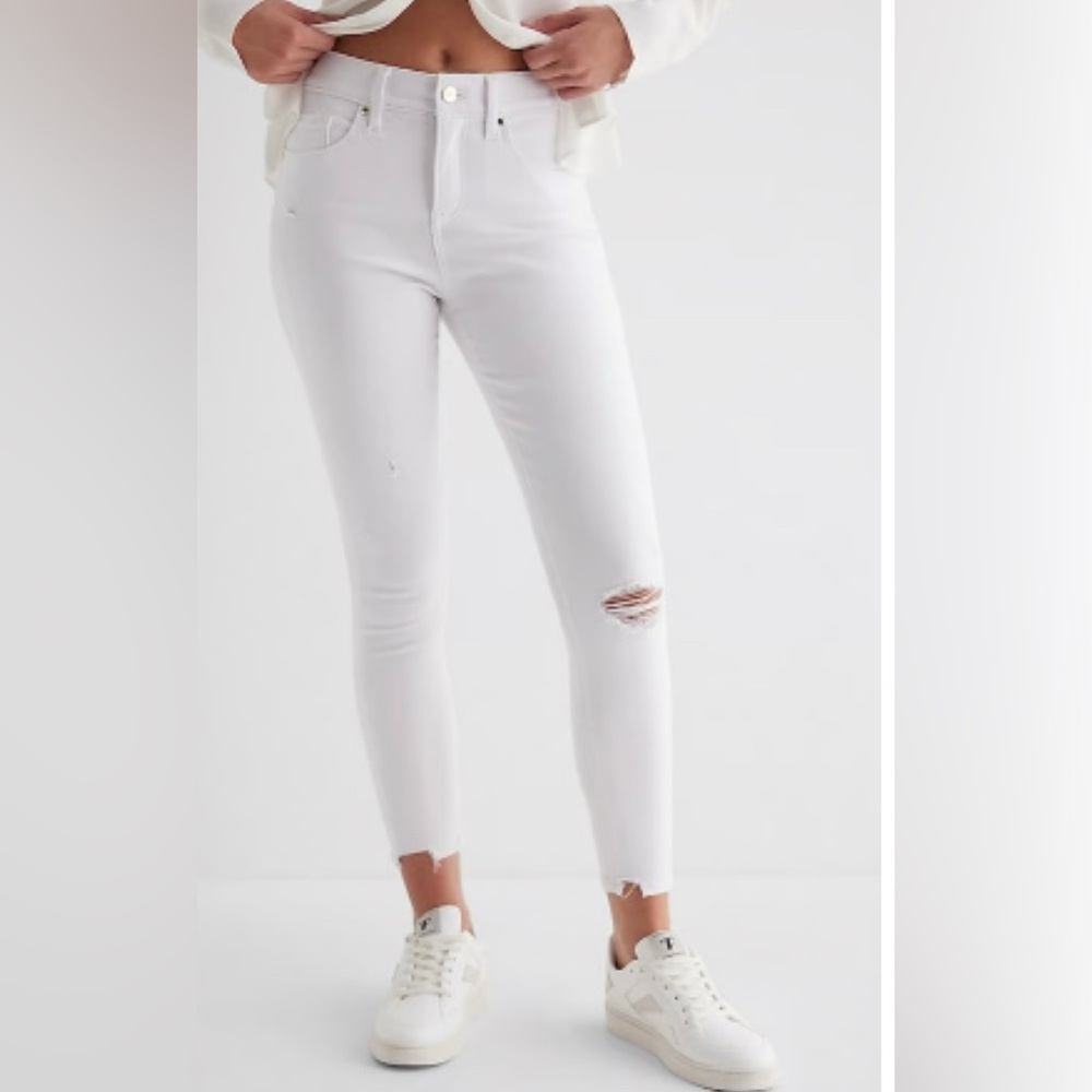 Express Mid Rise White Ripped Raw Hem Cropped Skinny Jeans